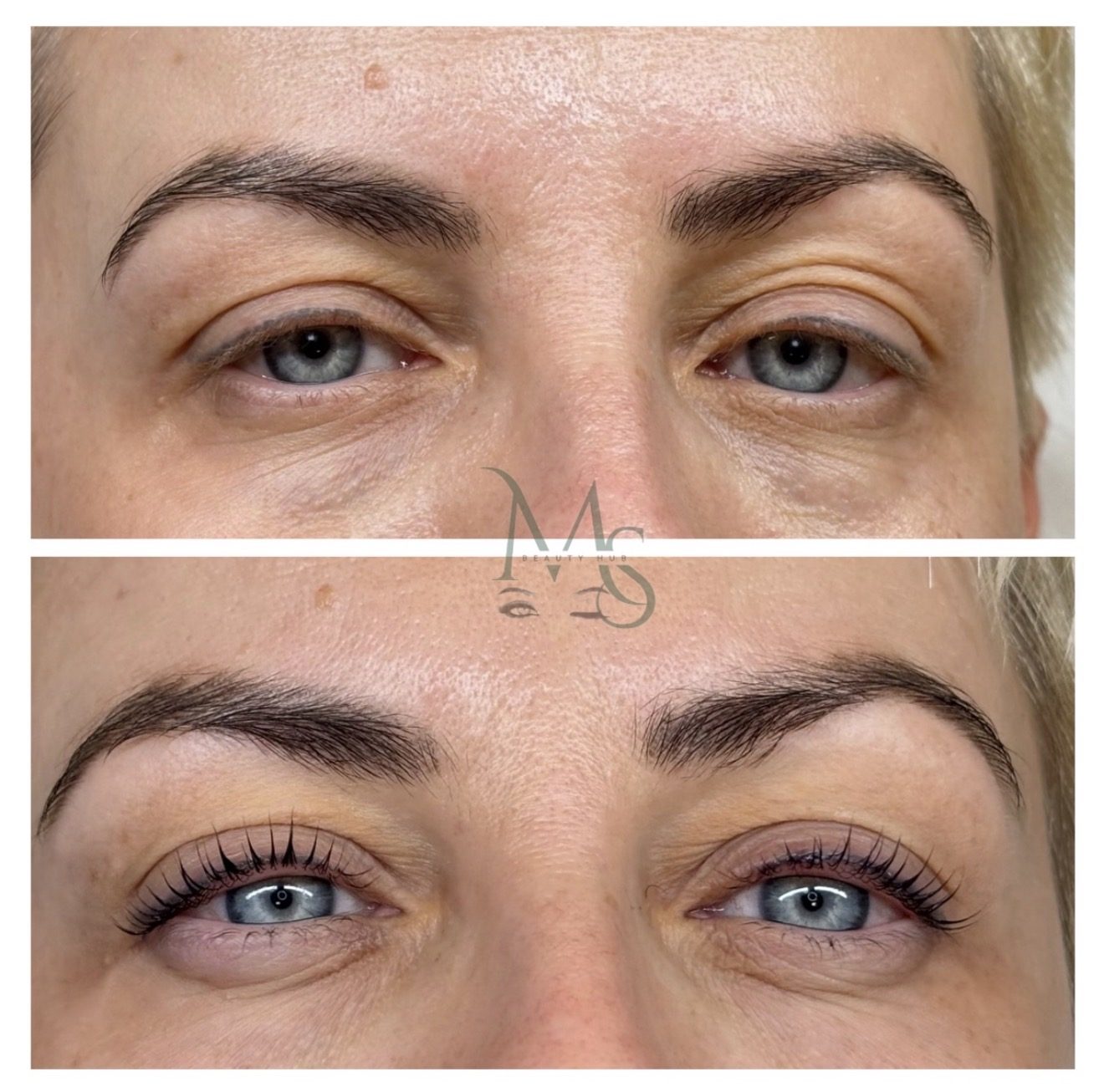 Before and after brow lamination with a lash lift