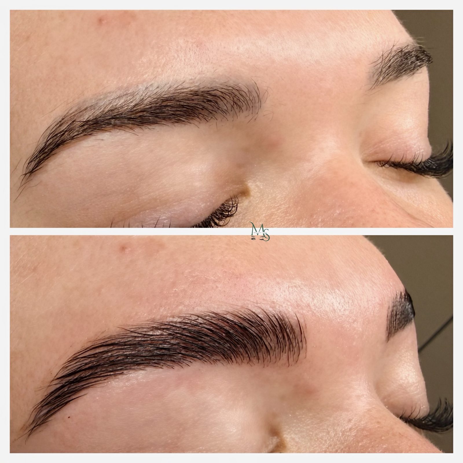Before and after brow lamination showing hairs redirected into a fuller shape
