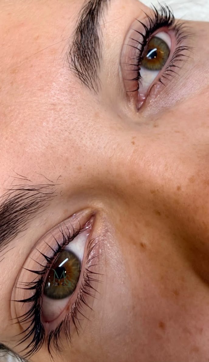 Lifted and tinted natural lashes seen close up from above